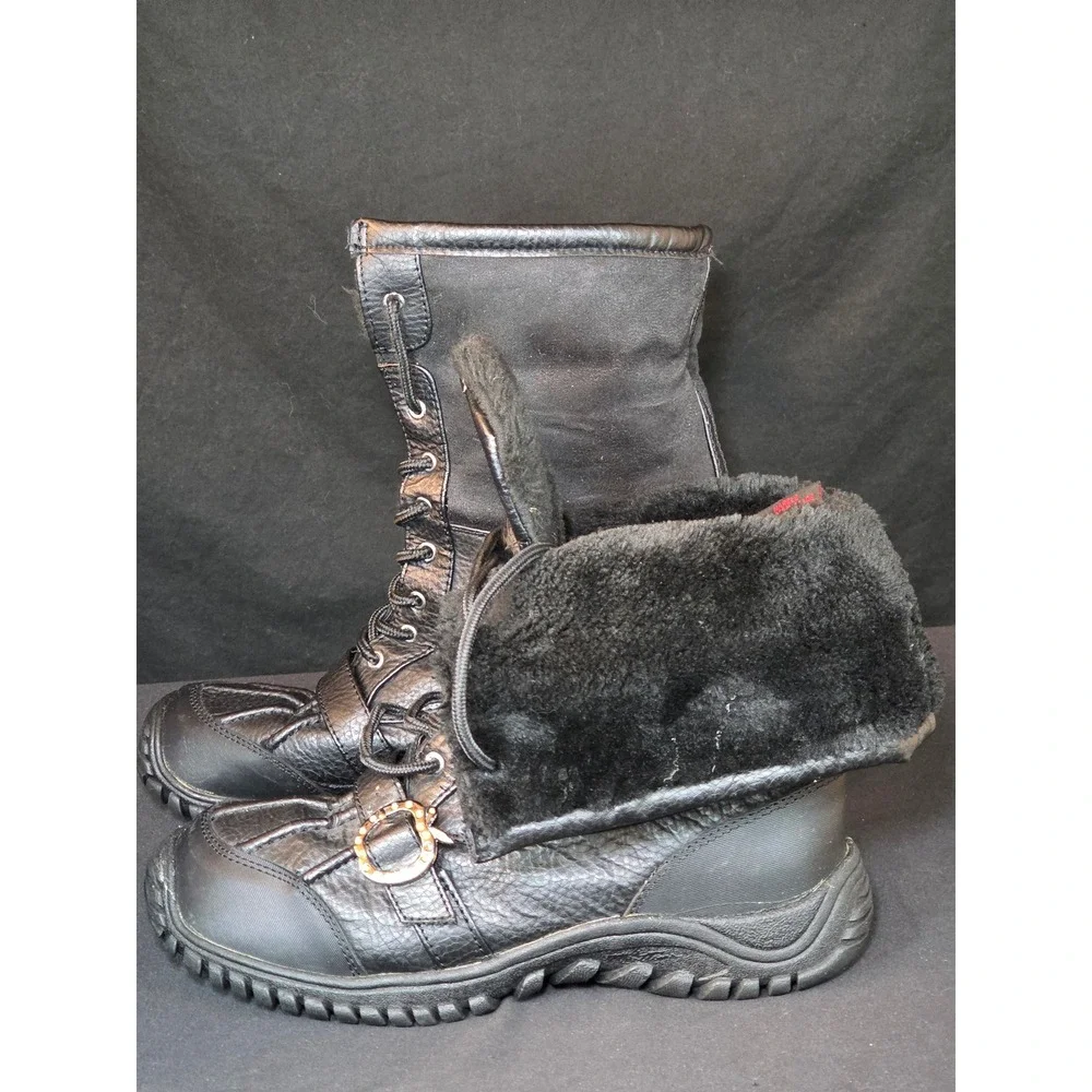 Apple Bottoms Womens Black Leather Faux Fur Lined Winter Boot Rhinestone Size 11